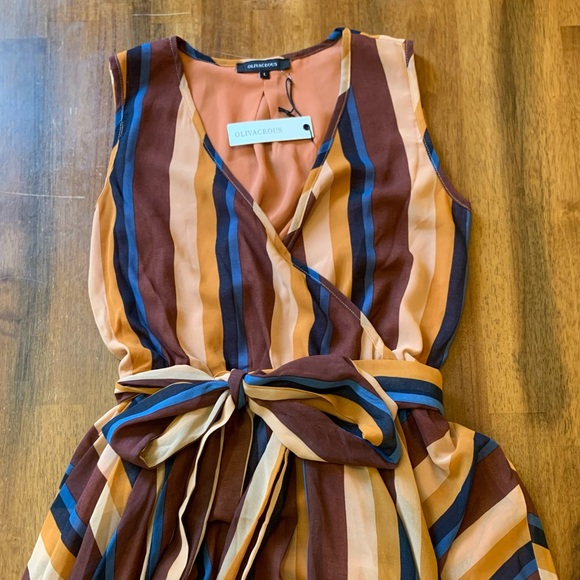 Olivaceous V-Neck Maxi Dress Large Striped Blue Brown Tie Waist Long outer Panel - Picture 2 of 13